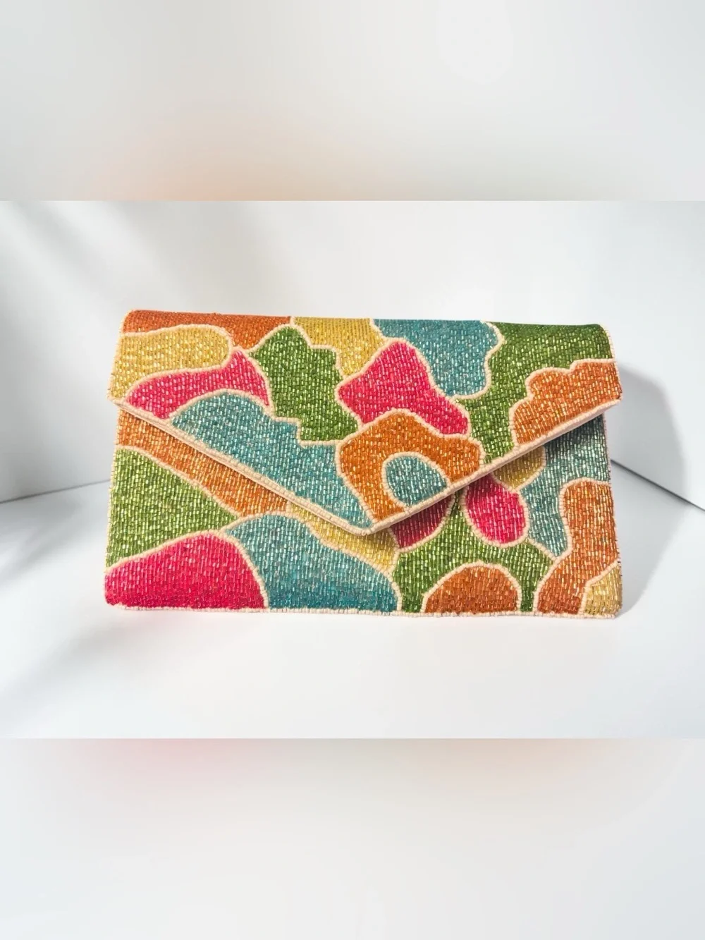 Sassy Jones Beaded Multicolor Envelope Clutch with Chain